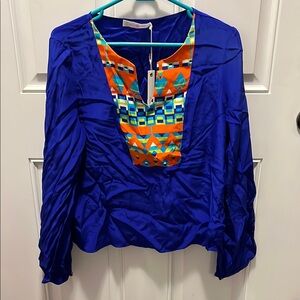 Alice + Trixie 100% Silk Vibrant Blue Women's Top with Geometric Pattern